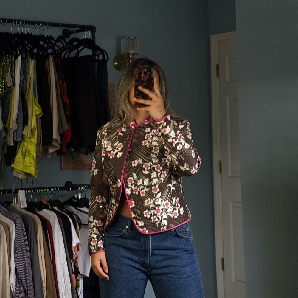 Floral Quilted Brown Jacket with Pink Trim